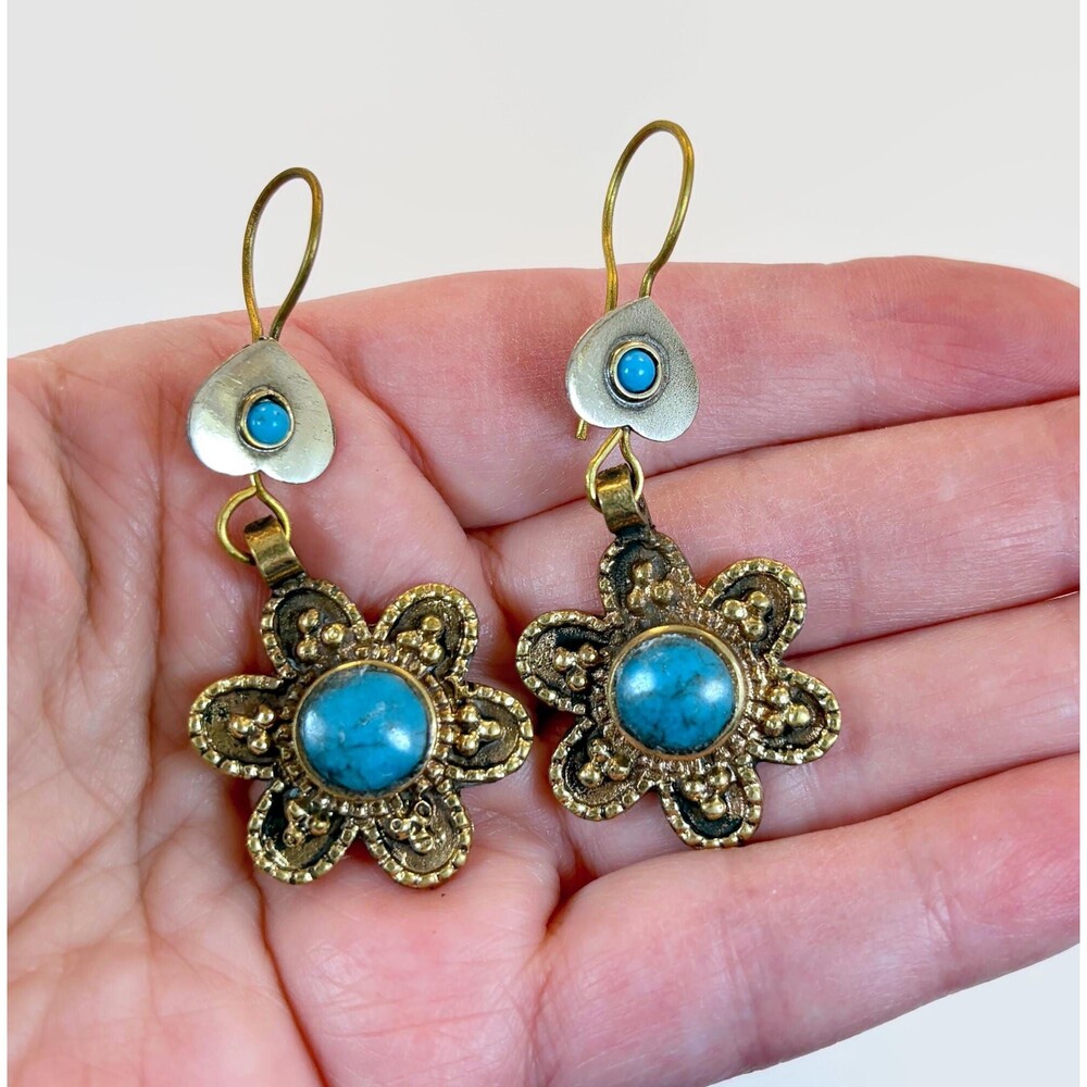 Vintage Earrings, Turquoise, Brass, Flowers, Middle Eastern, Afghan Vintage